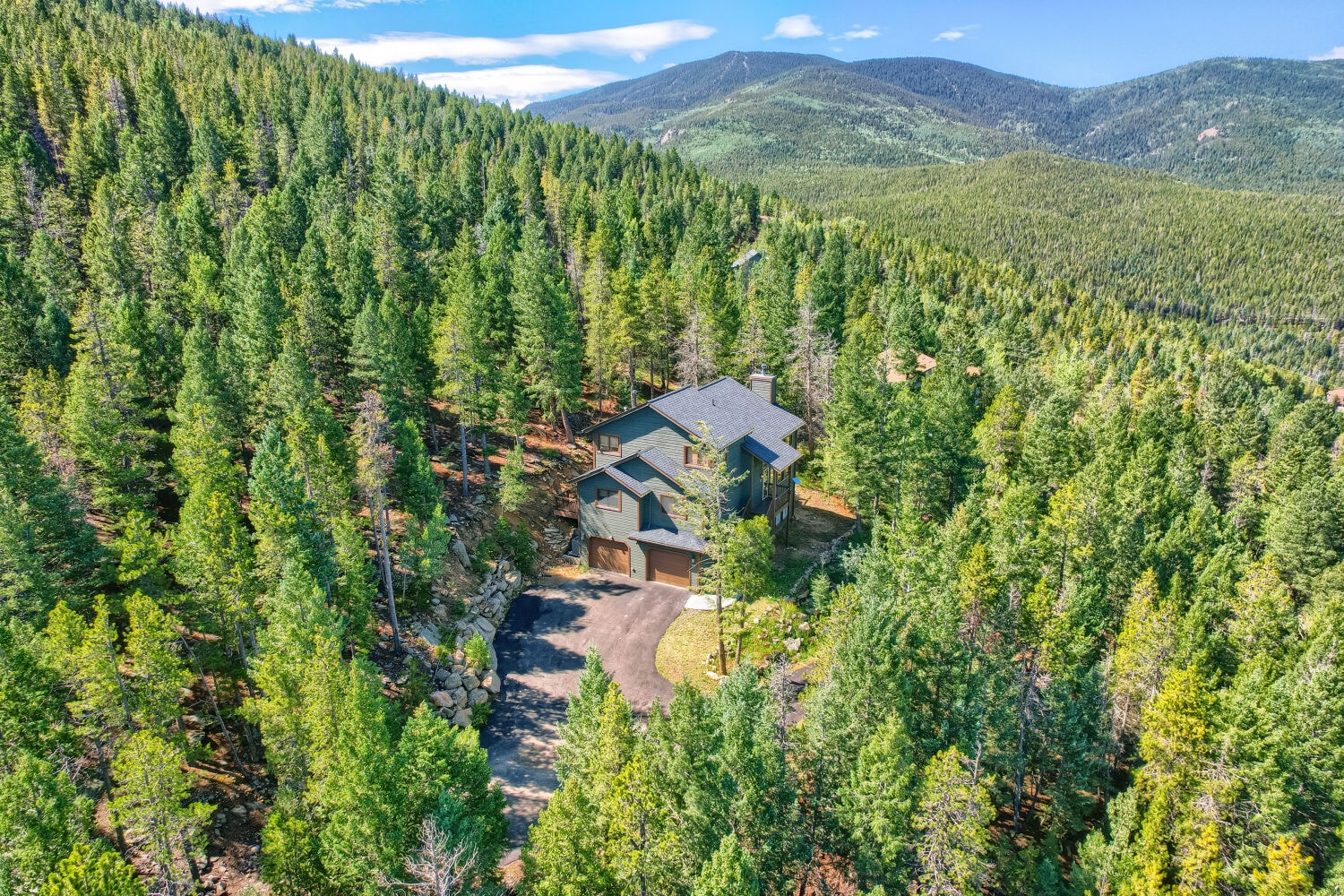 Aerial view of 8352 Martin Lane nestled in the Colorado pines with mountain range behind